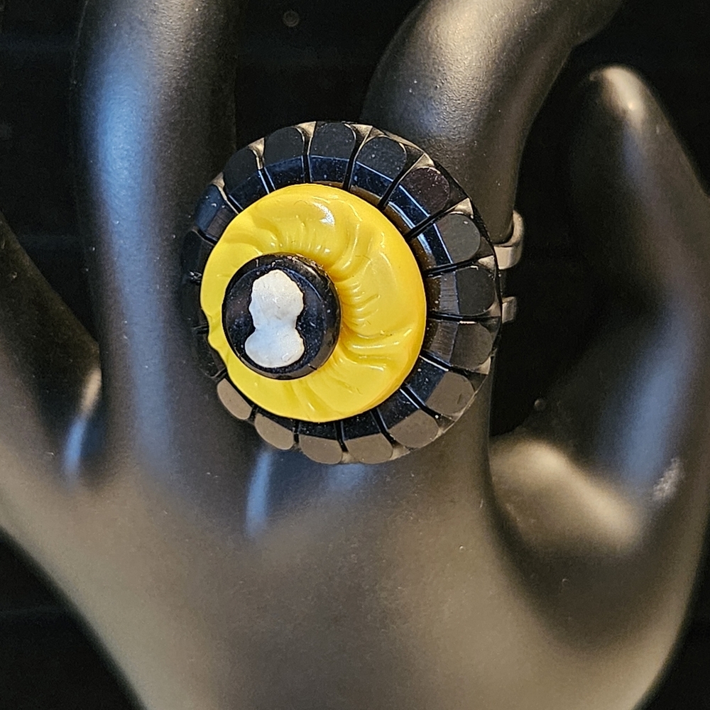 Unique 1920's glass cameo button, 1950's yellow button ring. Free shipping***